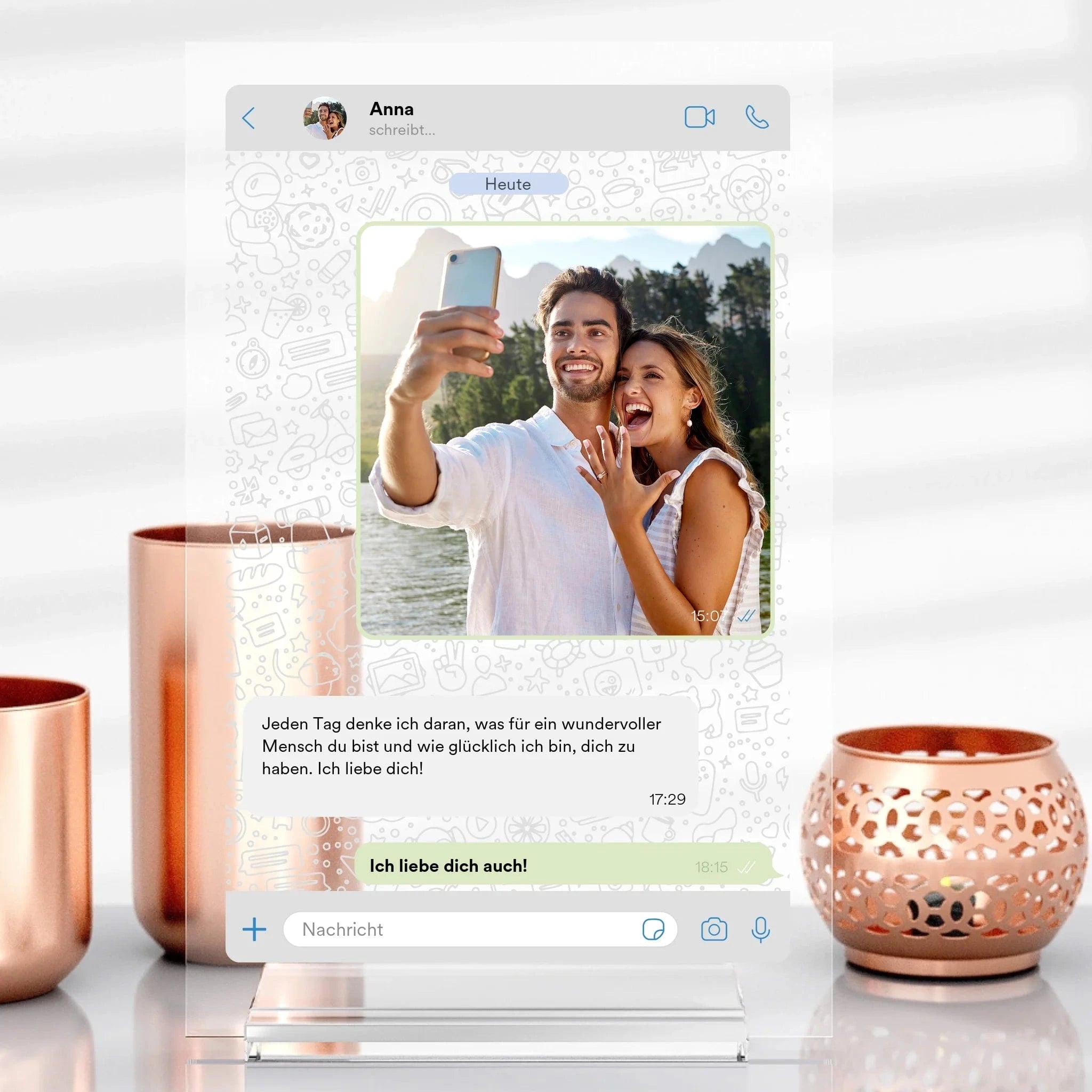 Personalisierte Messenger-Nachricht aus Glas - Aufsteller Acrylglas-Fotoaufsteller / Transparent / 13x20 cm von Schmidt Digitaldruck GmbH