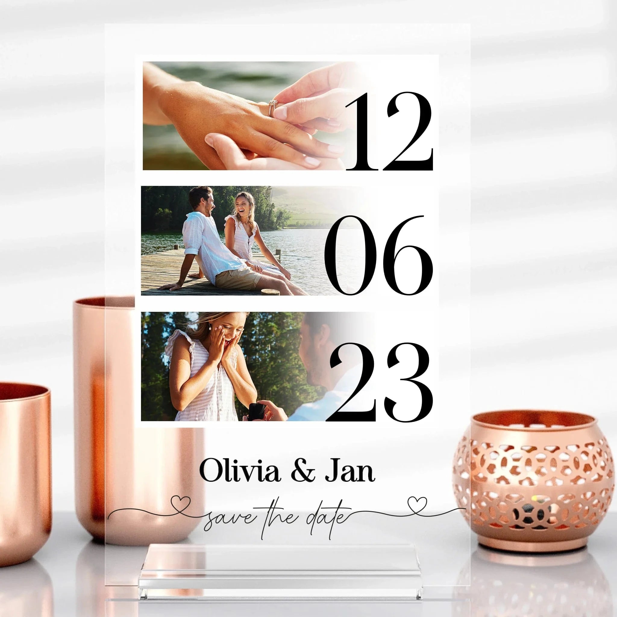 Save the Date aus Glas - Aufsteller Acrylglas-Fotoaufsteller / Transparent / 13x20 cm von Schmidt Digitaldruck GmbH