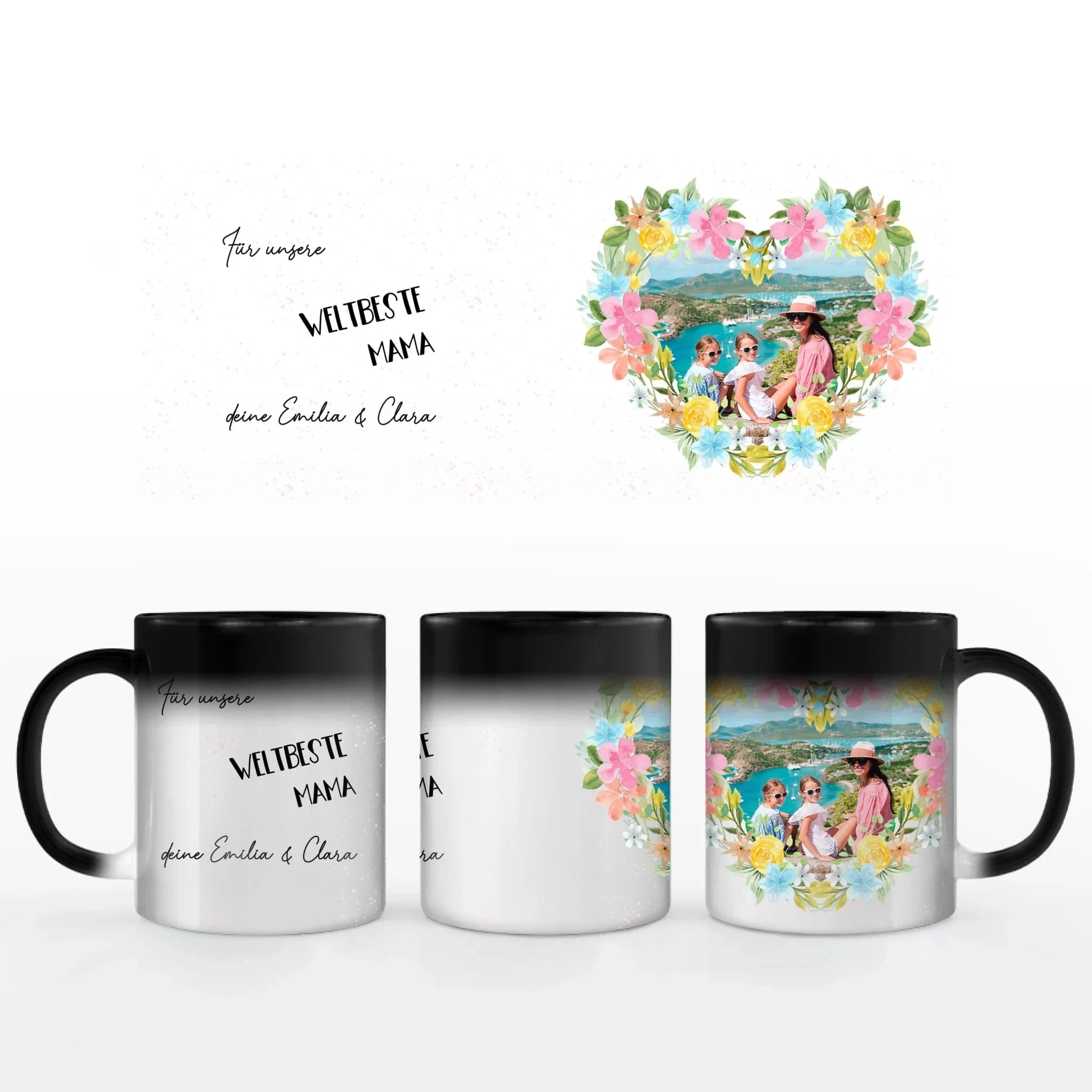 Fototasse Muttertag "Blümchen Herz" - Tasse Keramik-Zaubertasse / Schwarz / 330 ml von Schmidt Digitaldruck GmbH