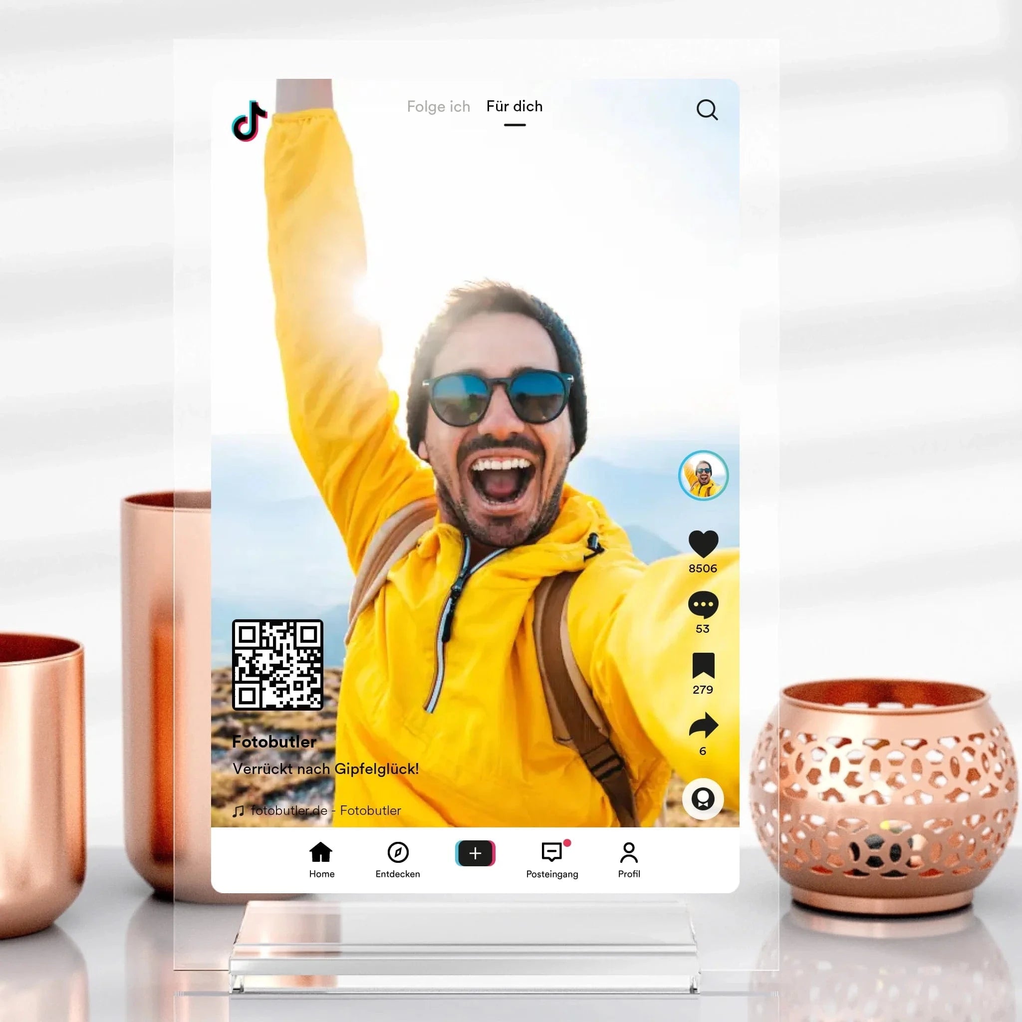 TikTok Videoclip-Aufsteller aus Glas - Aufsteller Acrylglas-Fotoaufsteller / Transparent / 13x20 cm von Schmidt Digitaldruck GmbH