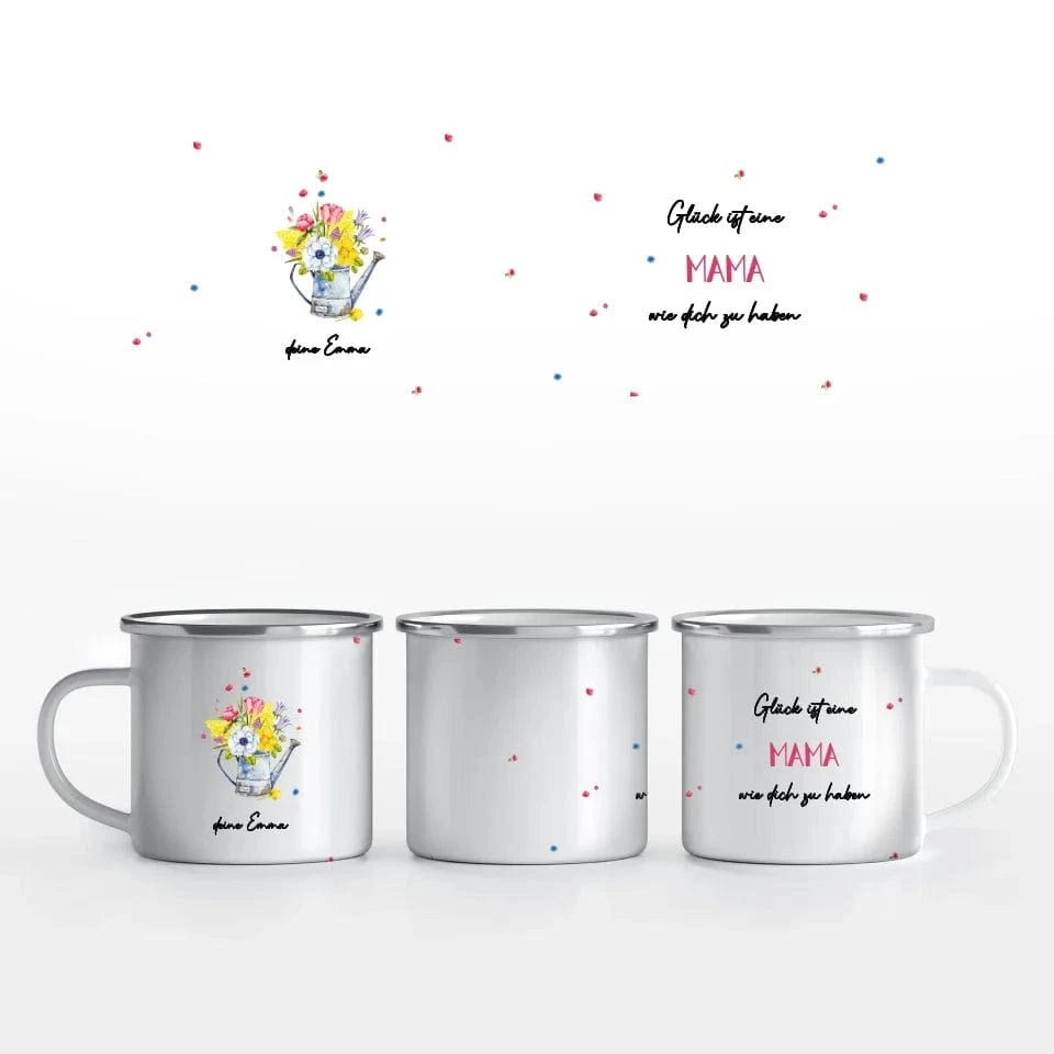 Motivtasse Muttertag "Blümchen Gießkanne" - Tasse Emaille-Tasse / Weiß / 375 ml von Schmidt Digitaldruck GmbH