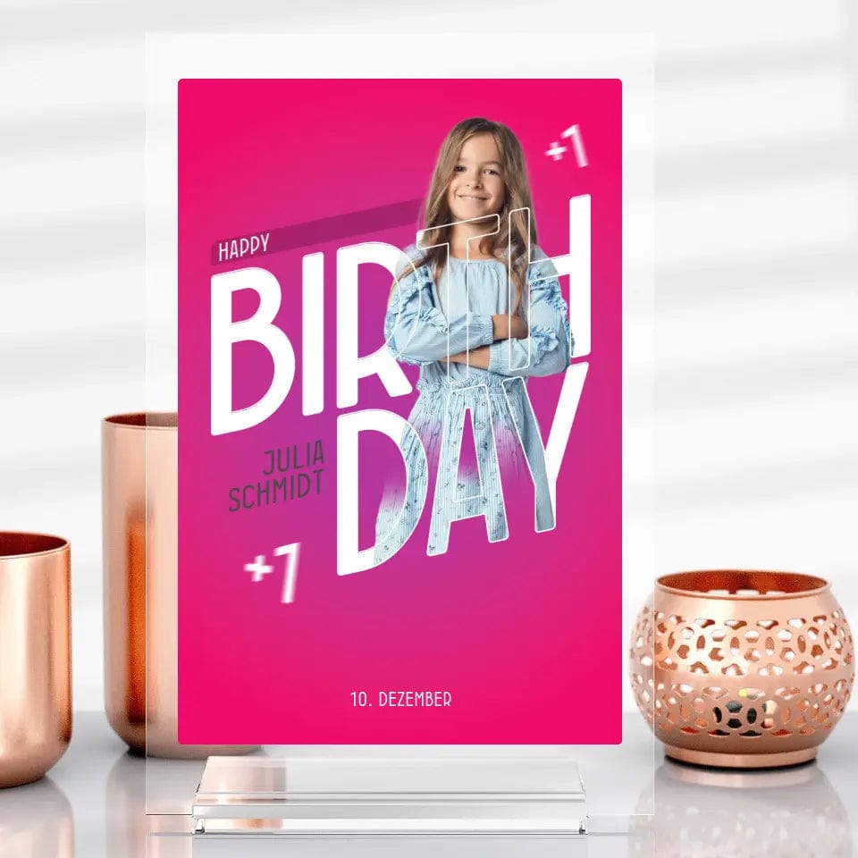 Happy Birthday Geburtstagsaufsteller aus Acrylglas - Customizer Acrylglas-Fotoaufsteller - Hoch-/Querformat / Hochformat / 13x20 cm von TeeInBlue