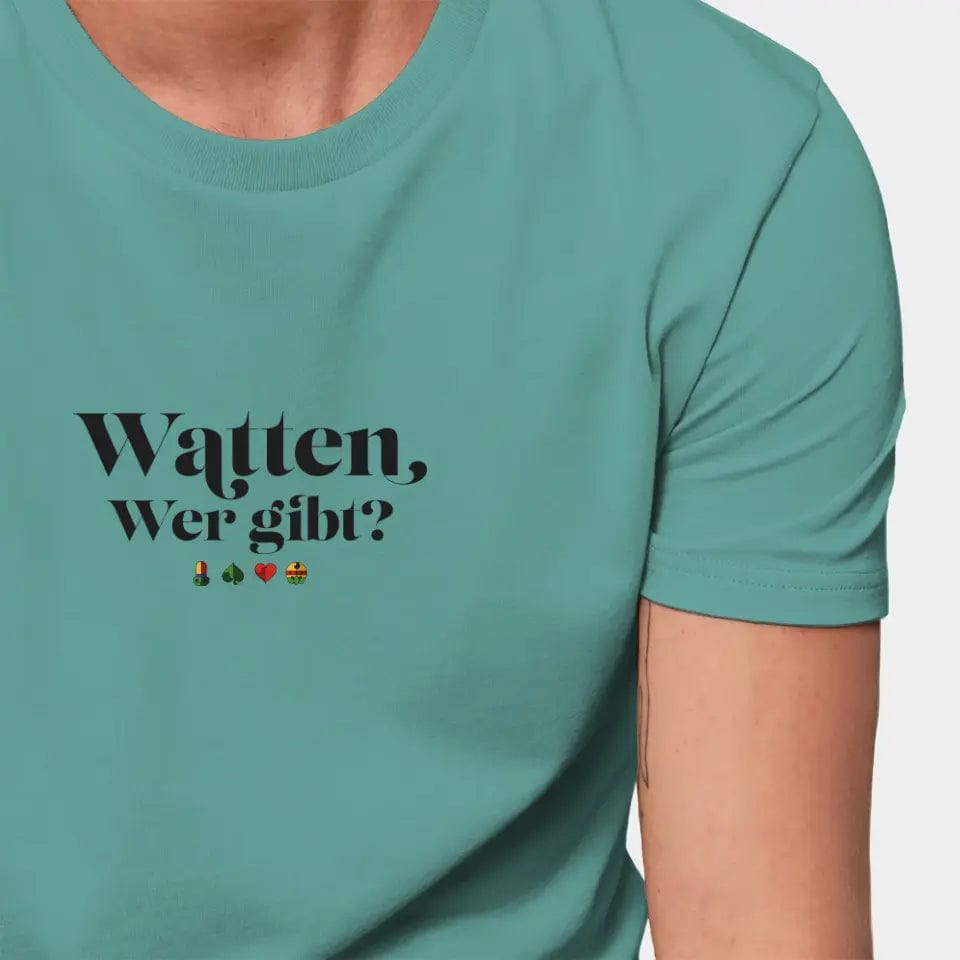 Personalisiertes T-Shirt "Watten - Wer gibt?" - Customizer Stanley/Stella Creator / teal monstera / XXS von TeeInBlue